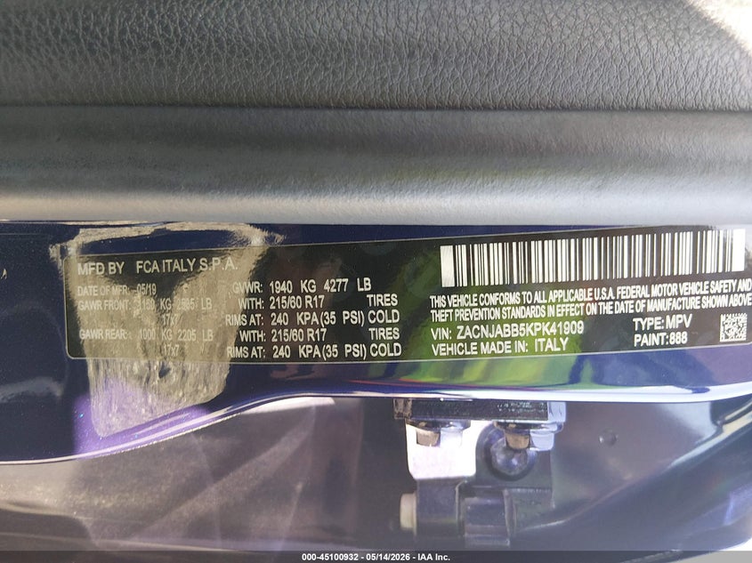 2019 Jeep Renegade VIN ZACNJABB5KPK41909 IAAI salvage auction — LEFT SIDE, Clear (South Carolina), sold $2,550 on 2026-07-14 (photo 9)
