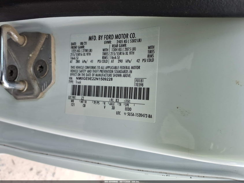 2022 Ford Transit connect VIN NM0GE9E22N1509228 IAAI salvage auction — NORMAL WEAR, SF97 (North Carolina), sold $13,375 on 2026-07-16 (photo 9)