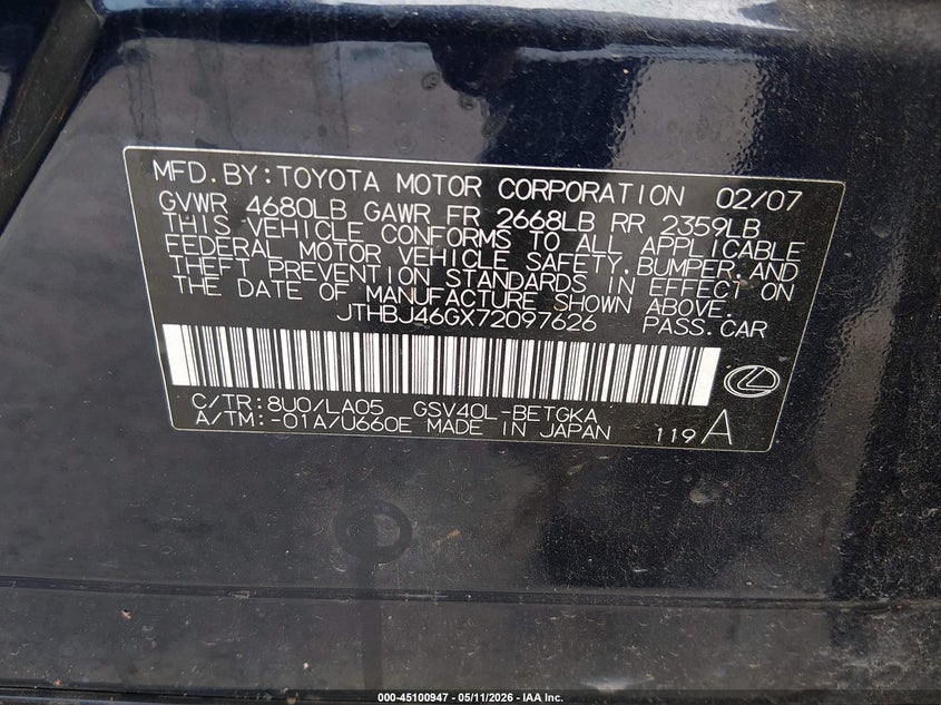2007 Lexus Es 350 VIN JTHBJ46GX72097626 IAAI salvage auction — NORMAL WEAR, Clear-Dealer Only (North Carolina), sold $775 on 2026-07-29 (photo 9)