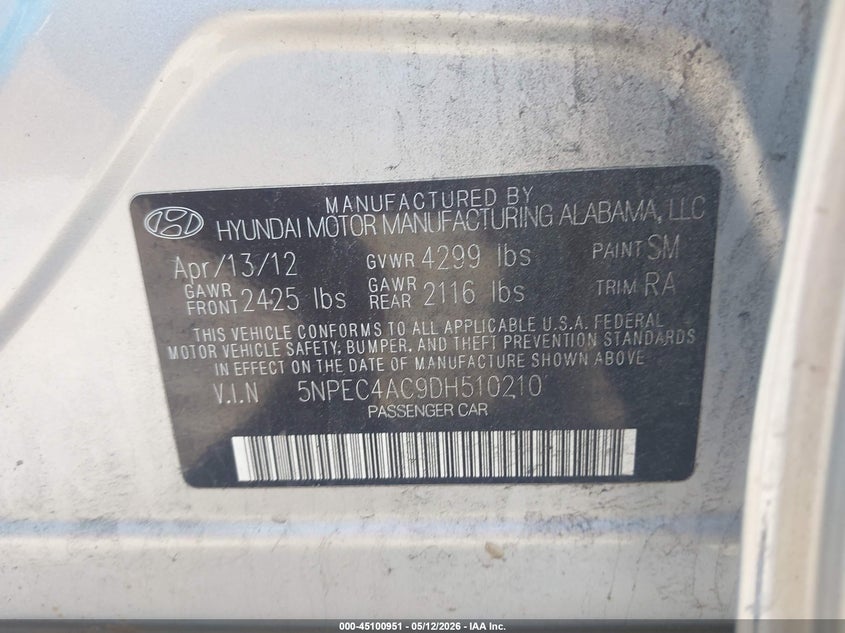 2013 Hyundai Sonata VIN 5NPEC4AC9DH510210 IAAI salvage auction — NORMAL WEAR, Salvage (Texas), sold $300 on 2026-07-29 (photo 9)