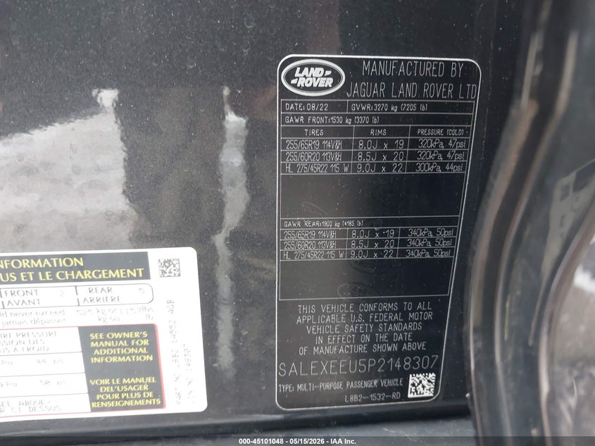 2022 Land rover Range rover sport VIN SALWR2SE0NA233066 IAAI salvage auction — REAR END, Salvage (Idaho), sold $12,000 on 2026-07-24 (photo 9)