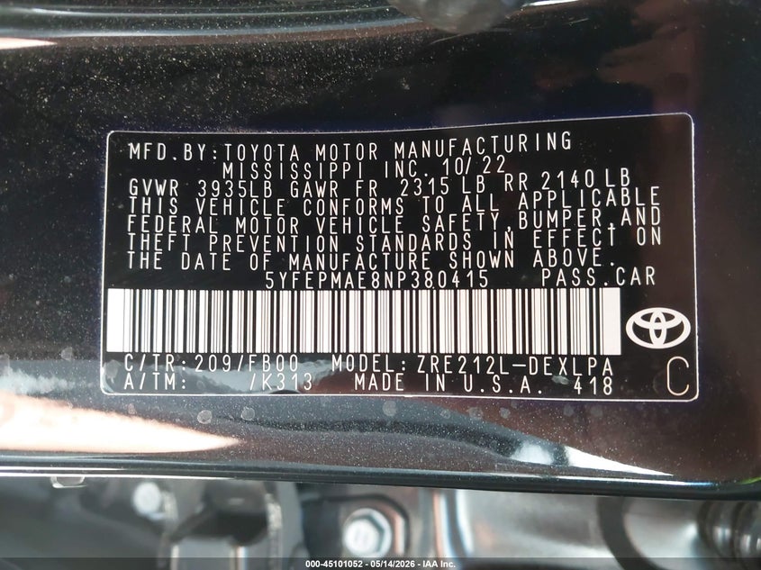 2022 Toyota Corolla VIN 5YFEPMAE8NP380415 IAAI salvage auction — FRONT & REAR, Salvage (Texas), sold $725 on 2026-07-28 (photo 9)