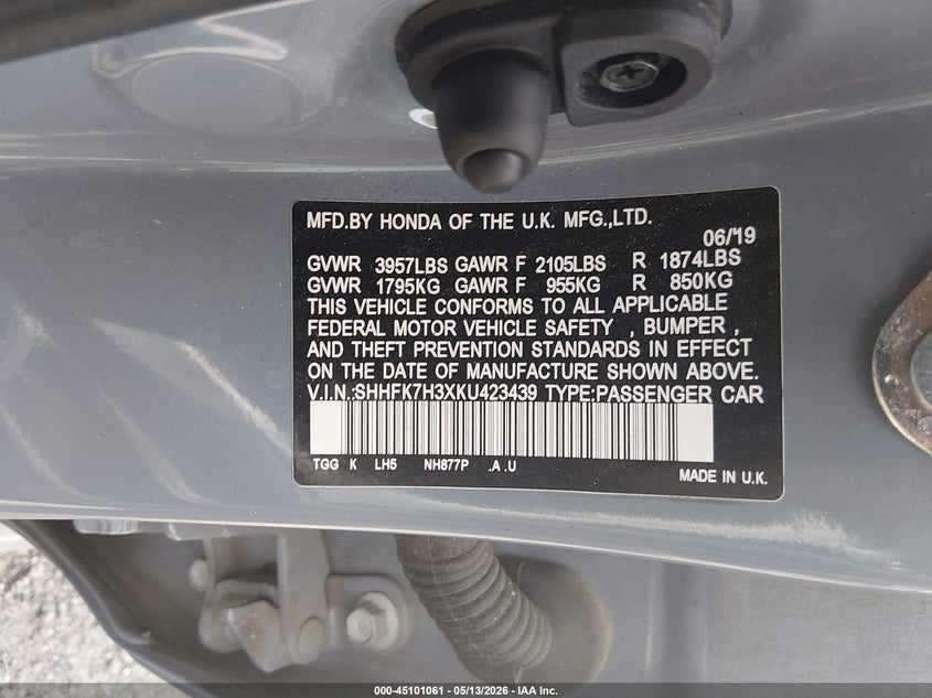 2019 Honda Civic VIN SHHFK7H3XKU423439 IAAI salvage auction — FRONT END, Salvage - Greater Than 75% (Maryland), sold $3,750 on 2026-07-27 (photo 9)
