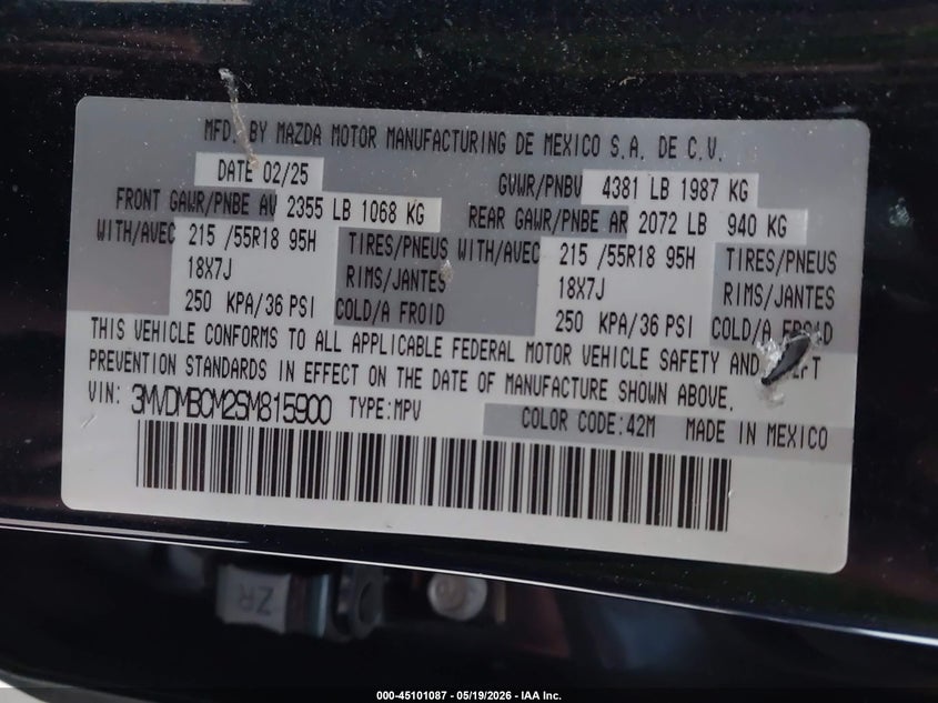 2025 Mazda Cx-30 VIN 3MVDMBCM2SM815900 IAAI salvage auction — FRONT END, Original (Texas), sold $8,825 on 2026-07-29 (photo 9)