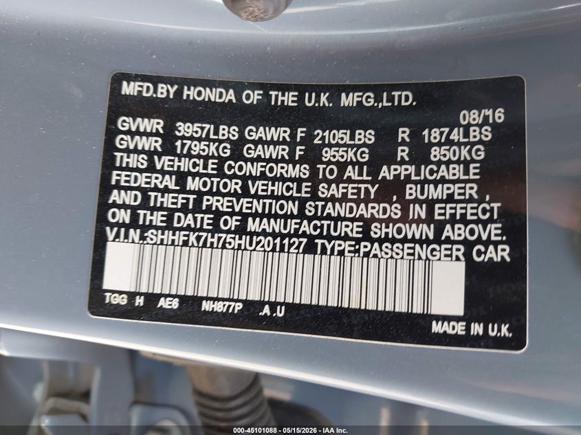2017 Honda Civic VIN SHHFK7H75HU201127 IAAI salvage auction — FRONT & REAR, Salvage (Texas), sold $2,700 on 2026-07-07 (photo 9)