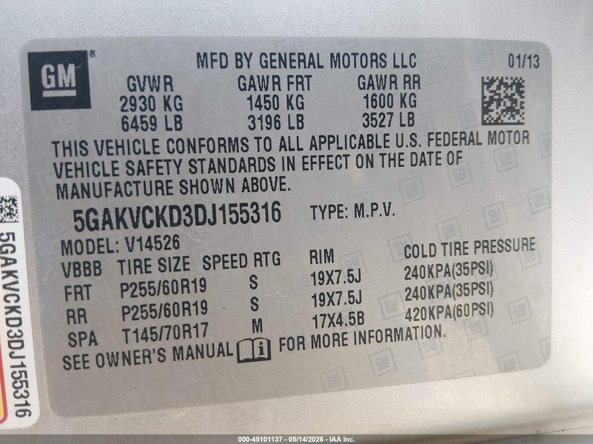 2013 Buick Enclave VIN 5GAKVCKD3DJ155316 IAAI salvage auction — FRONT END, Salvage Title, sold $1,050 on 2026-08-29 (photo 9)