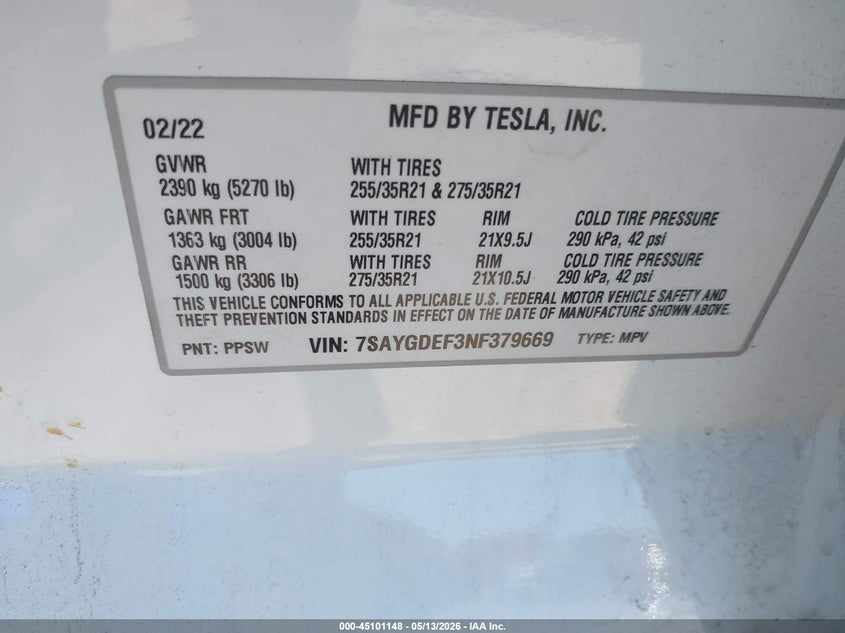 2022 Tesla Model y VIN 7SAYGDEF3NF379669 IAAI salvage auction — FRONT END, Salvage (Georgia), sold $14,750 on 2026-07-08 (photo 9)