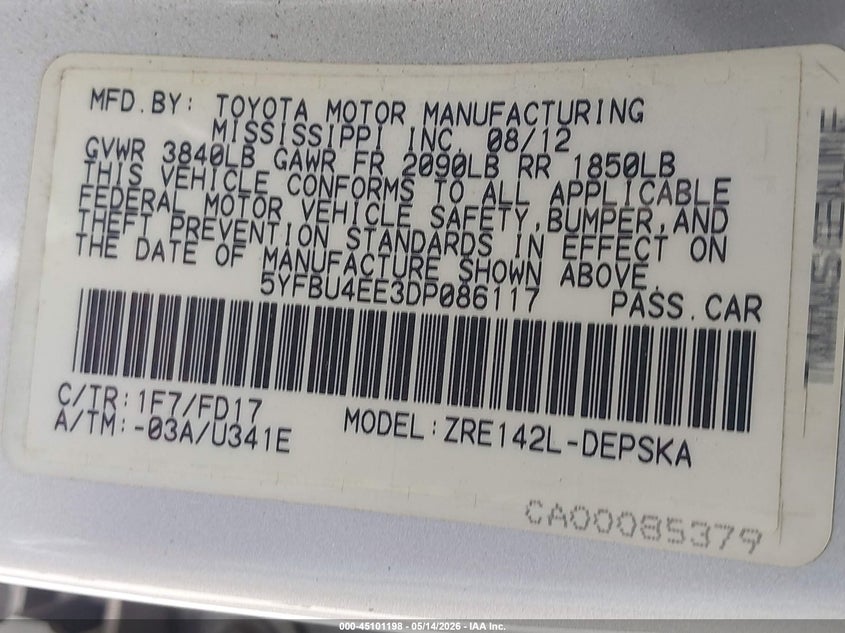 2013 Toyota Corolla VIN 5YFBU4EE3DP086117 IAAI salvage auction — REAR END, Salvage (Texas), sold $1,325 on 2026-07-08 (photo 9)