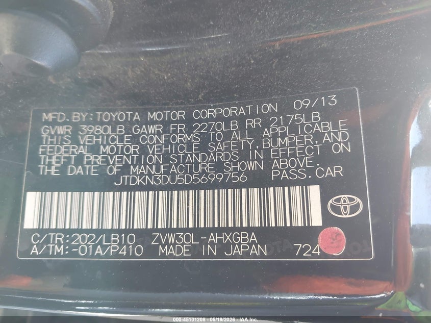 2013 Toyota Prius VIN JTDKN3DU5D5699756 IAAI salvage auction — FRONT END, App For Dup Clear (California), sold $925 on 2026-07-07 (photo 9)