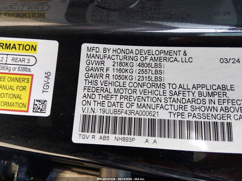 2024 Acura Tlx VIN 19UUB5F43RA000621 IAAI salvage auction — REAR END, Salvage (Louisiana), sold $7,950 on 2026-07-22 (photo 9)