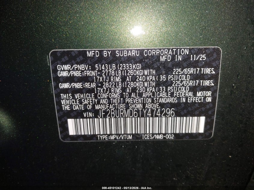 2026 Subaru Outback VIN JF2BURMD6TY474296 IAAI salvage auction — REAR END, Salvage (Maine), sold $16,300 on 2026-07-20 (photo 9)