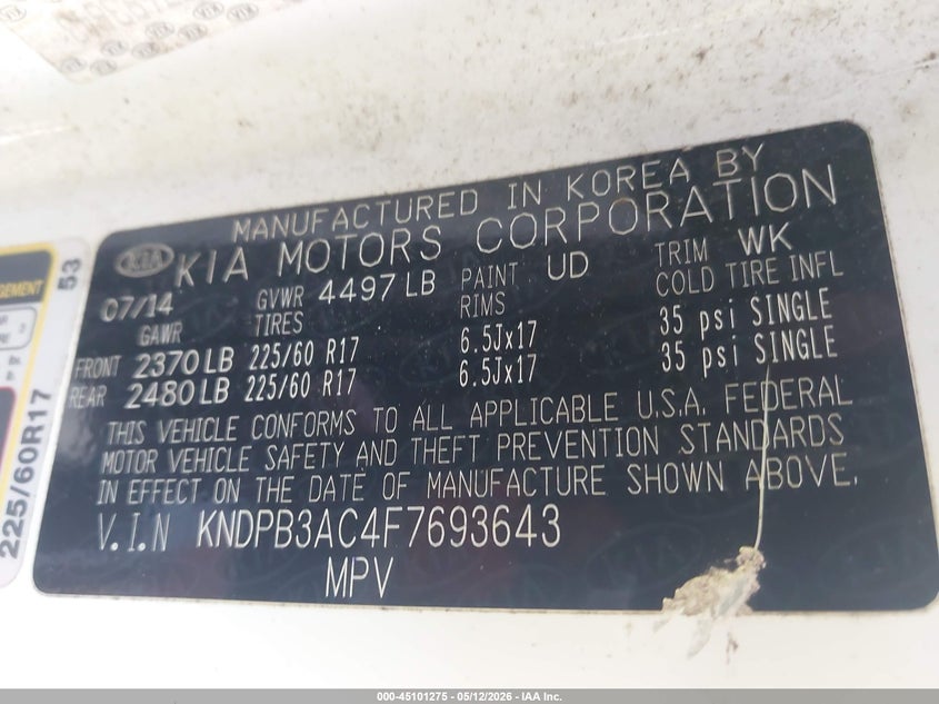 2015 Kia Sportage VIN KNDPB3AC4F7693643 IAAI salvage auction — NORMAL WEAR, Clear (Tennessee), sold $1,900 on 2026-07-15 (photo 9)