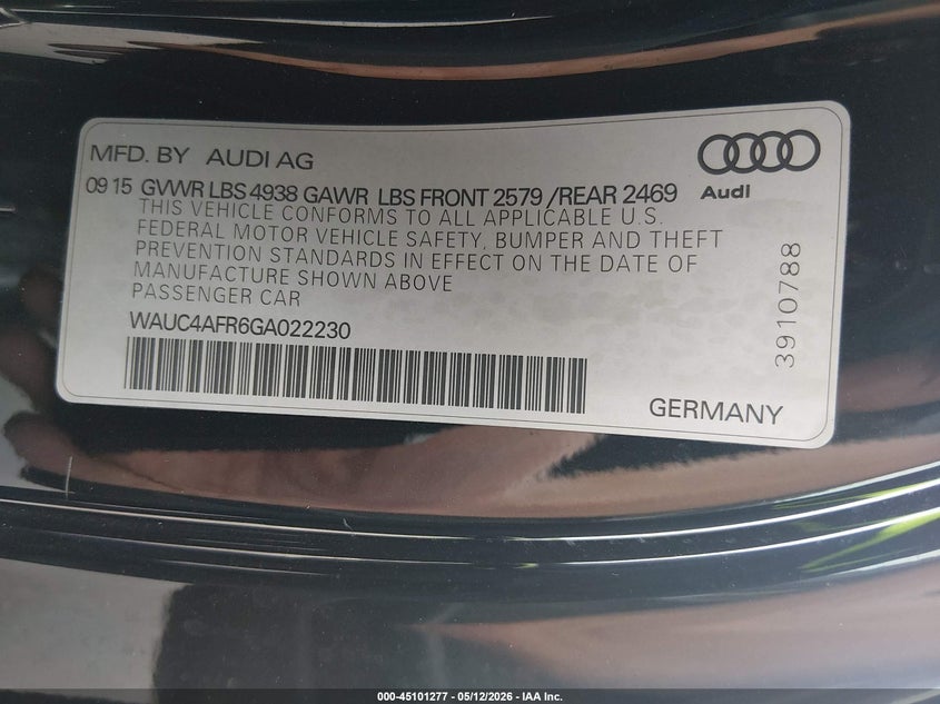 2016 Audi S5 VIN WAUC4AFR6GA022230 IAAI salvage auction — FRONT END, Rebuildable (Florida), sold $4,500 on 2026-07-06 (photo 9)