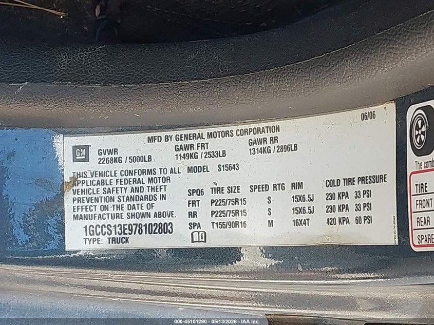 2007 Chevrolet Colorado VIN 1GCCS13E978102803 IAAI salvage auction — FRONT END, Clear (Indiana), sold $900 on 2026-07-23 (photo 9)