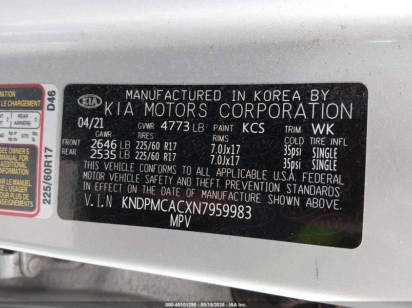 2022 Kia Sportage VIN KNDPMCACXN7959983 IAAI salvage auction — FRONT & REAR, Salvage (New Jersey), sold $3,500 on 2026-07-06 (photo 9)