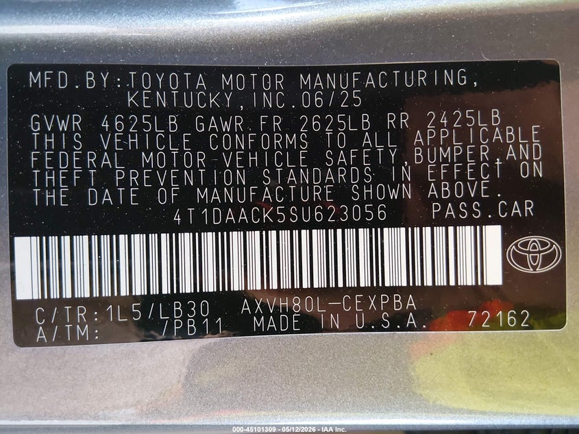 2025 Toyota Camry VIN 4T1DAACK5SU623056 IAAI salvage auction — REAR END, Salvage Title, sold $14,250 on 2026-08-25 (photo 9)