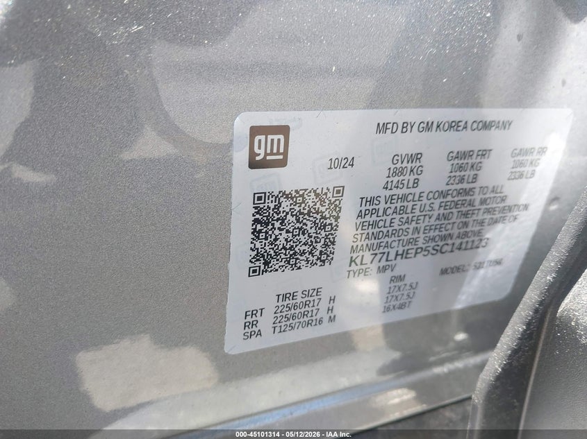 2025 Chevrolet Trax VIN KL77LHEP5SC141123 IAAI salvage auction — FRONT END, Salvage (Pennsylvania), sold $5,050 on 2026-07-21 (photo 9)
