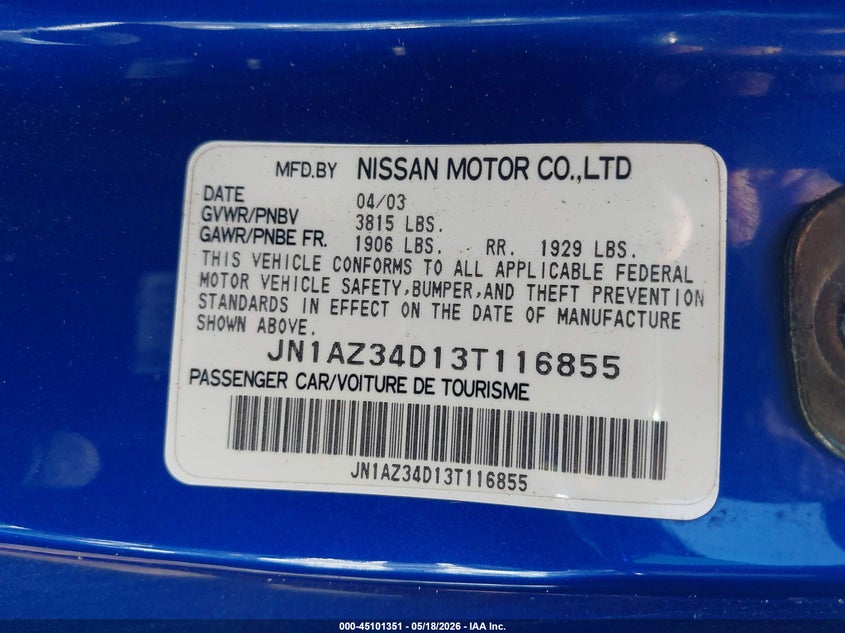 2003 Nissan 350z VIN JN1AZ34D13T116855 IAAI salvage auction — VANDALISM, Salvage (Idaho), sold $2,750 on 2026-07-16 (photo 9)