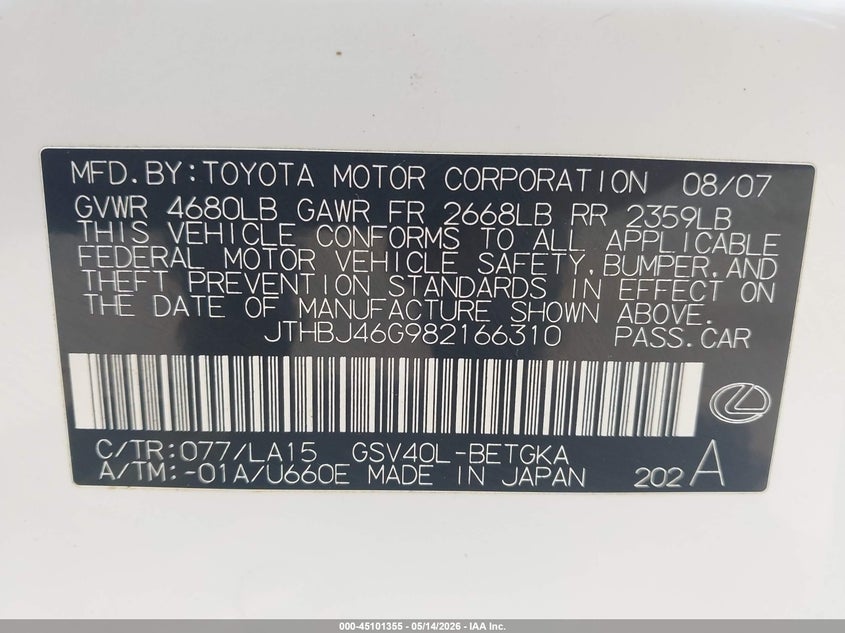 2008 Lexus Es 350 VIN JTHBJ46G982166310 IAAI salvage auction — RIGHT SIDE, Clear (Hawaii), sold $1,650 on 2026-07-07 (photo 9)