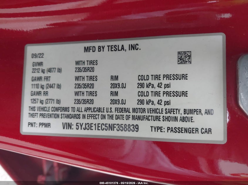 2022 Tesla Model 3 VIN 5YJ3E1EC5NF358839 IAAI salvage auction — RIGHT FRONT, Salvage (Illinois), sold $8,400 on 2026-07-09 (photo 9)