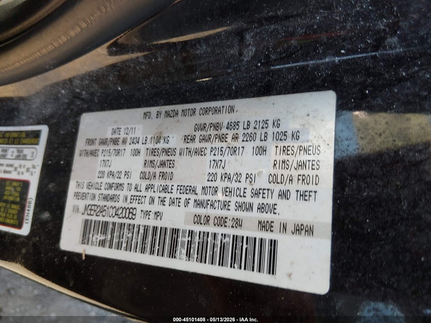 2012 Mazda Cx-7 VIN JM3ER2A51C0420069 IAAI salvage auction — FRONT END, Salvage (Texas), sold $25 on 2026-07-28 (photo 9)