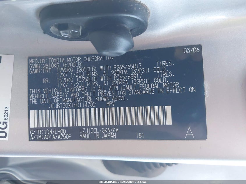 2006 Lexus Gx 470 VIN JTJBT20X160114782 IAAI salvage auction — FRONT END, Salvage (Texas), sold $3,350 on 2026-07-08 (photo 9)