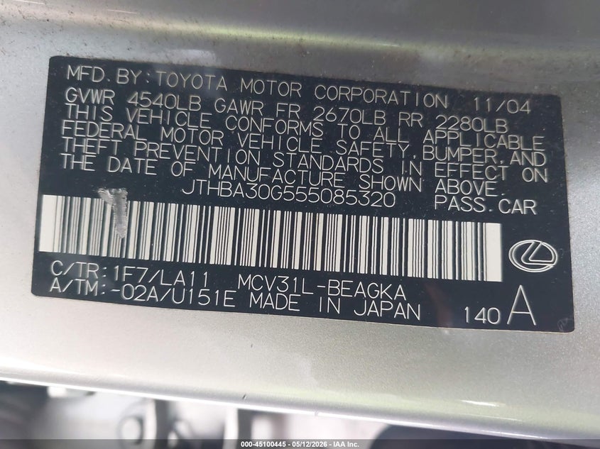 2005 Lexus ES VIN JTHBA30G555085320 IAAI salvage auction — LEFT FRONT, Salvage (California), sold $350 on 2026-07-15 (photo 9)