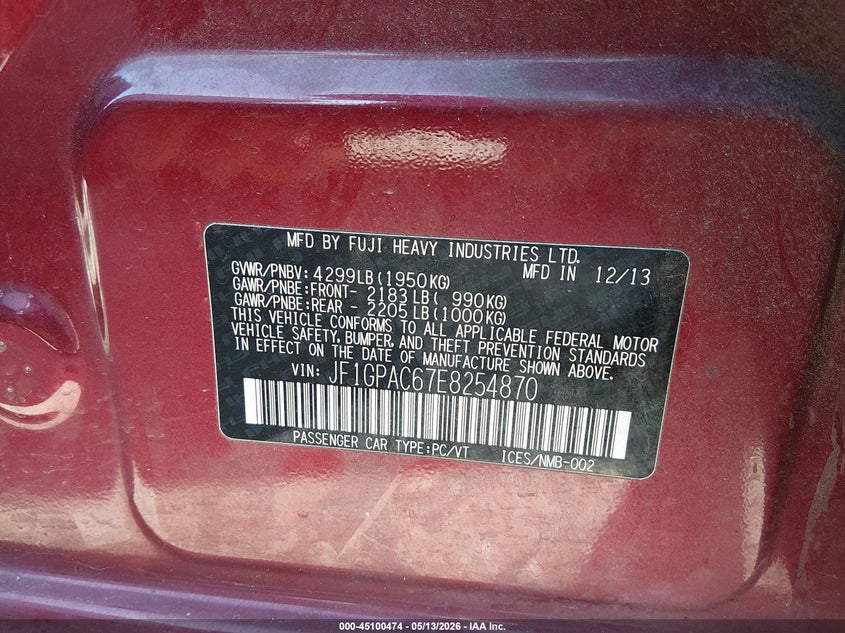 2014 Subaru Impreza VIN JF1GPAC67E8254870 IAAI salvage auction — FRONT & REAR, Clear (Colorado), sold $400 on 2026-07-28 (photo 9)
