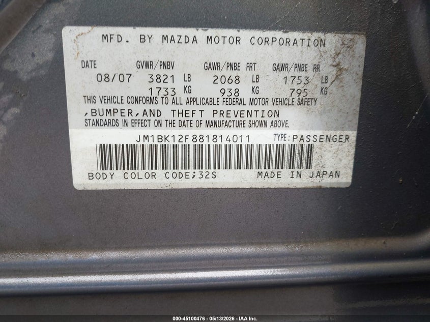 2008 Mazda 3 VIN JM1BK12F881814011 IAAI salvage auction — RIGHT REAR, Clear (Tennessee), sold $350 on 2026-07-08 (photo 9)