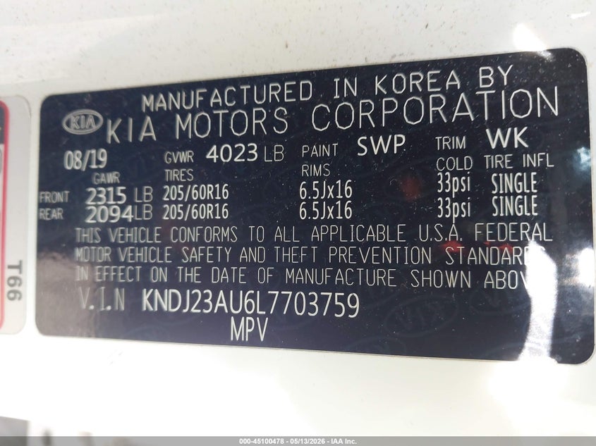 2020 Kia Soul VIN KNDJ23AU6L7703759 IAAI salvage auction — RIGHT SIDE, Clear (Michigan), sold $2,625 on 2026-08-19 (photo 9)