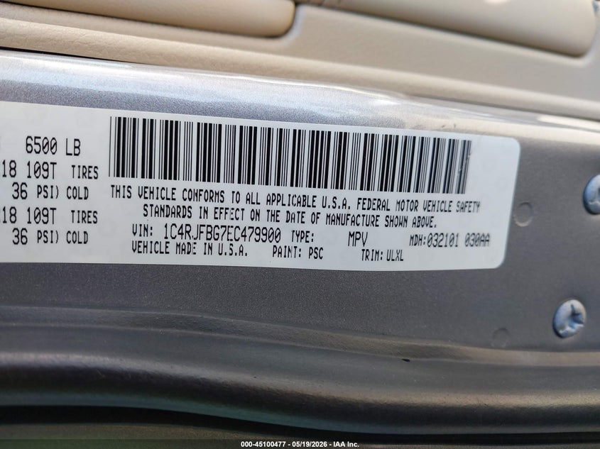 2014 Jeep Grand cherokee VIN 1C4RJFBG7EC479900 IAAI salvage auction — SIDE, Salvage Title, sold $3,200 on 2026-07-31 (photo 9)
