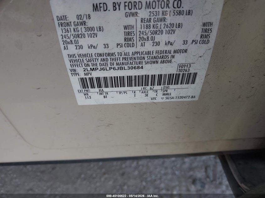 2018 Lincoln Mkx VIN 2LMPJ6LP6JBL30684 IAAI salvage auction — FRONT & REAR, Salvage Title, sold $2,100 on 2026-08-01 (photo 9)