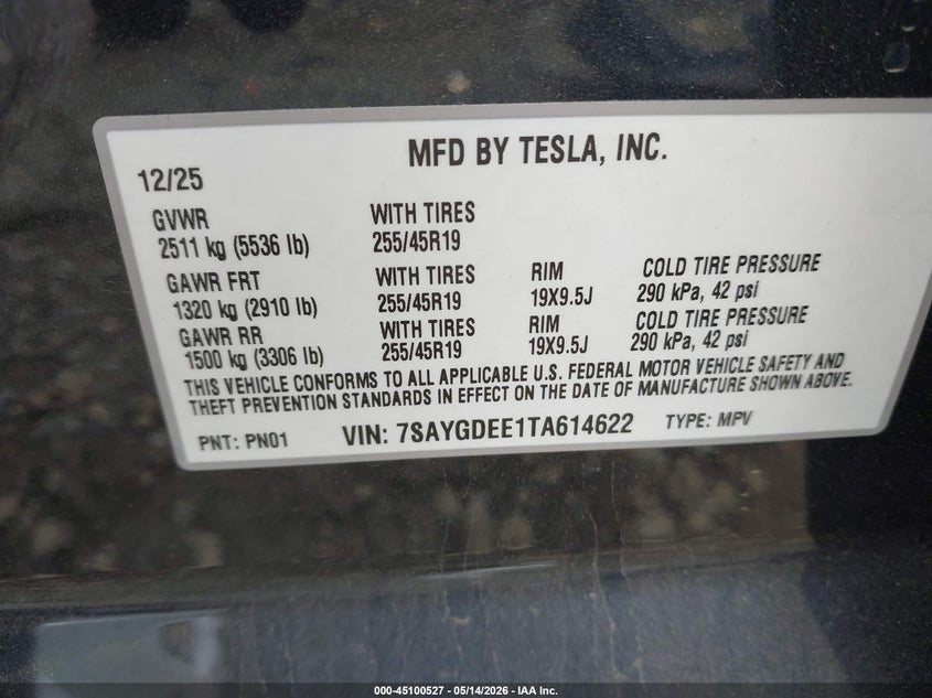 2026 Tesla Model y VIN 7SAYGDEE1TA614622 IAAI salvage auction — FRONT END, Salvage (Virginia), sold $9,125 on 2026-07-30 (photo 9)