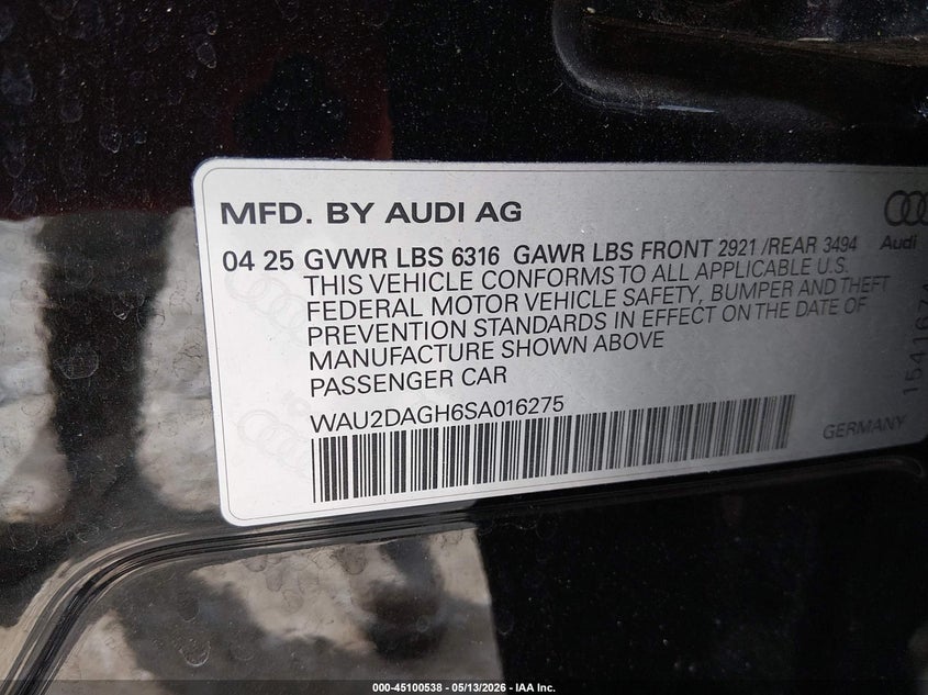 2025 Audi A6 VIN WAU2DAGH6SA016275 IAAI salvage auction — RIGHT REAR, Clear (Michigan), sold $30,150 on 2026-07-30 (photo 9)