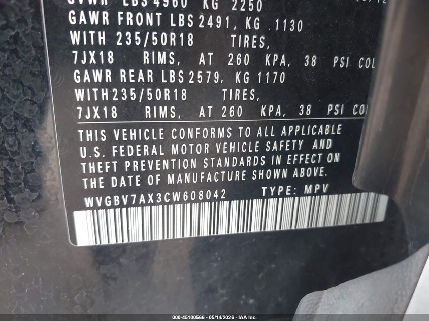 2012 Volkswagen Tiguan VIN WVGBV7AX3CW608042 IAAI salvage auction — HAIL, Salvage (Ohio), sold $975 on 2026-07-21 (photo 9)