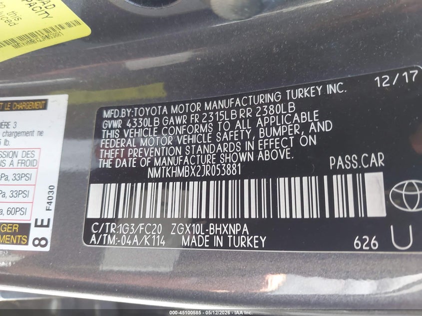 2018 Toyota C-hr VIN NMTKHMBX2JR053881 IAAI salvage auction — FRONT END, Salvage Title, sold $3,950 on 2026-07-29 (photo 9)