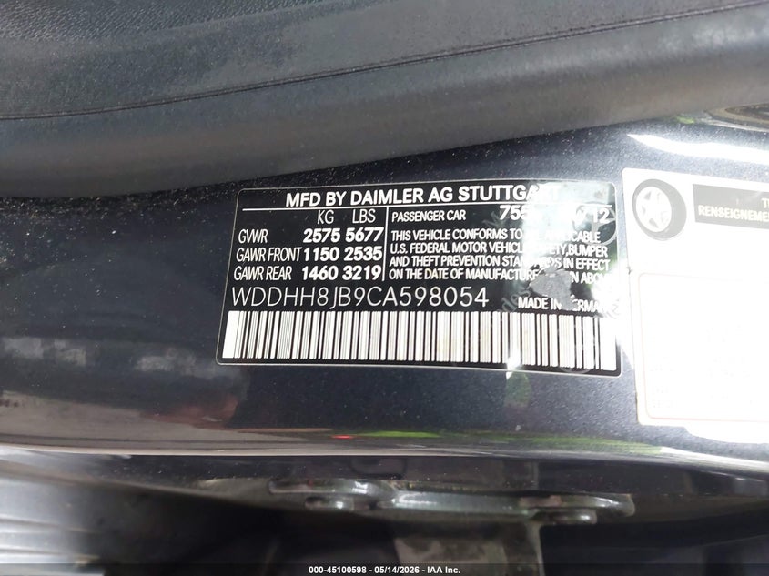2012 Mercedes-benz E-klasse VIN WDDHH8JB9CA598054 IAAI salvage auction — RIGHT FRONT, Salvage (Massachusetts), sold $975 on 2026-07-28 (photo 9)