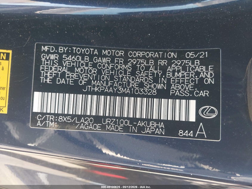2021 Lexus Lc VIN JTHKPAAY3MA103328 IAAI salvage auction — FRONT END, Salvage (California), sold $23,700 on 2026-07-06 (photo 9)
