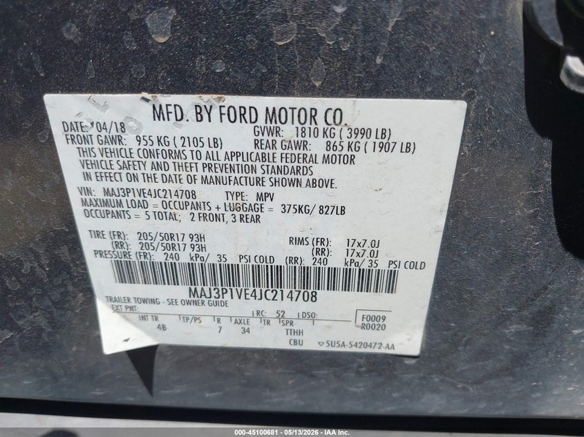 2018 Ford Ecosport VIN MAJ3P1VE4JC214708 IAAI salvage auction — FRONT END, Salvage (Texas), sold $675 on 2026-07-21 (photo 9)