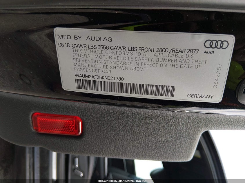 2019 Audi A6 VIN WAUM2AF25KN021780 IAAI salvage auction — FRONT END, Salvage (Illinois), sold $6,000 on 2026-07-21 (photo 9)