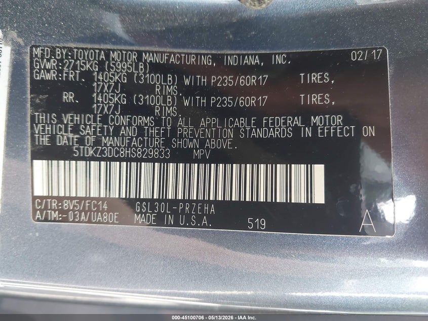 2017 Toyota Sienna VIN 5TDKZ3DC8HS829833 IAAI salvage auction — LEFT REAR, Salvage - 75% Or Less (Maryland), sold $2,650 on 2026-07-21 (photo 9)