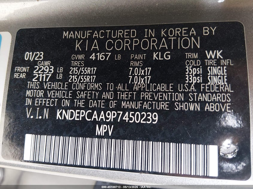 2023 Kia Seltos VIN KNDEPCAA9P7450239 IAAI salvage auction — LEFT SIDE, Certificate Of Destruction (Florida), sold $4,950 on 2026-07-21 (photo 9)