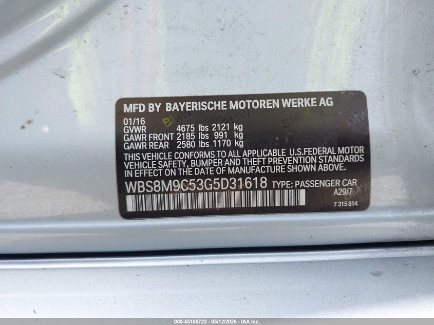2016 BMW M3 VIN WBS8M9C53G5D31618 IAAI salvage auction — FRONT END, Bill Of Sale (Washington), sold $9,400 on 2026-07-29 (photo 9)