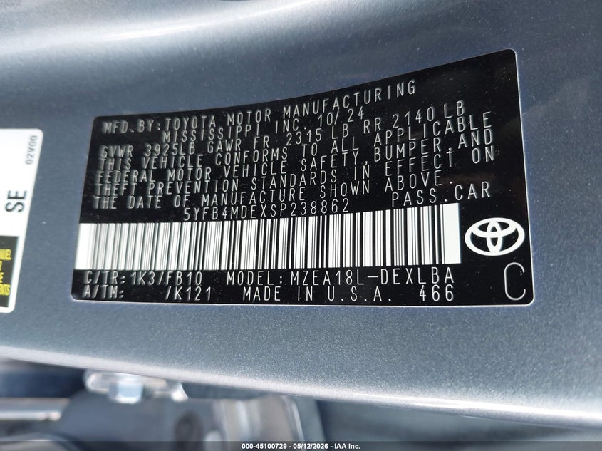 2025 Toyota Corolla VIN 5YFB4MDEXSP238862 IAAI salvage auction — LEFT FRONT, Original (Texas), sold $8,250 on 2026-07-23 (photo 9)