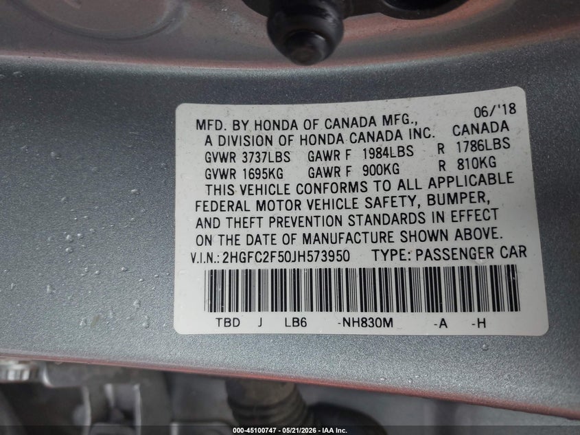 2018 Honda Civic VIN 2HGFC2F50JH573950 IAAI salvage auction — FRONT END, Salvage (Idaho), sold $2,100 on 2026-07-19 (photo 9)