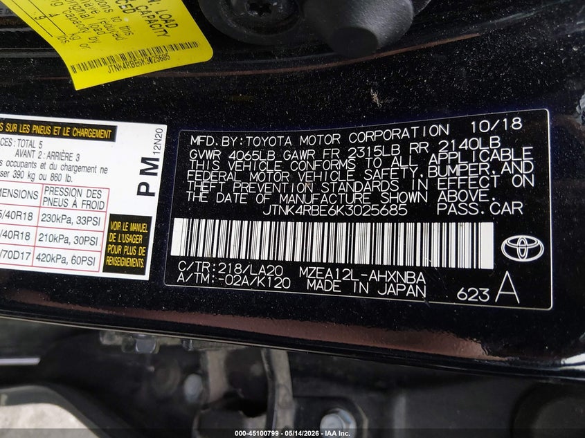 2019 Toyota Corolla VIN JTNK4RBE6K3025685 IAAI salvage auction — FRONT END, Salvage (Massachusetts), sold $2,750 on 2026-07-21 (photo 9)