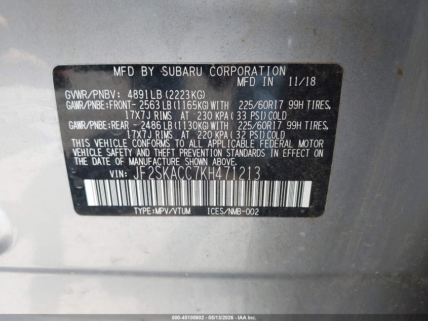 2019 Subaru Forester VIN JF2SKACC7KH471213 IAAI salvage auction — FRONT END, Salvage (New Mexico), sold $1,400 on 2026-07-20 (photo 9)
