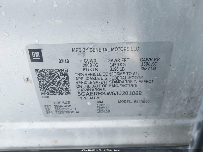2018 Buick Enclave VIN 5GAERBKW6JJ201889 IAAI salvage auction — HAIL, Salvage (Iowa), sold $1,700 on 2026-07-09 (photo 9)