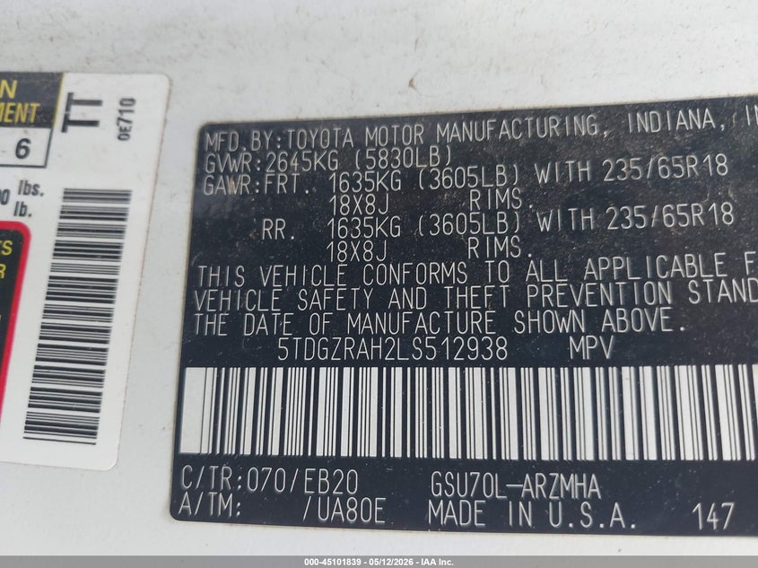 2020 Toyota Highlander VIN 5TDGZRAH2LS512938 IAAI salvage auction — FRONT END, Salvage (Texas), sold $11,050 on 2026-07-20 (photo 9)