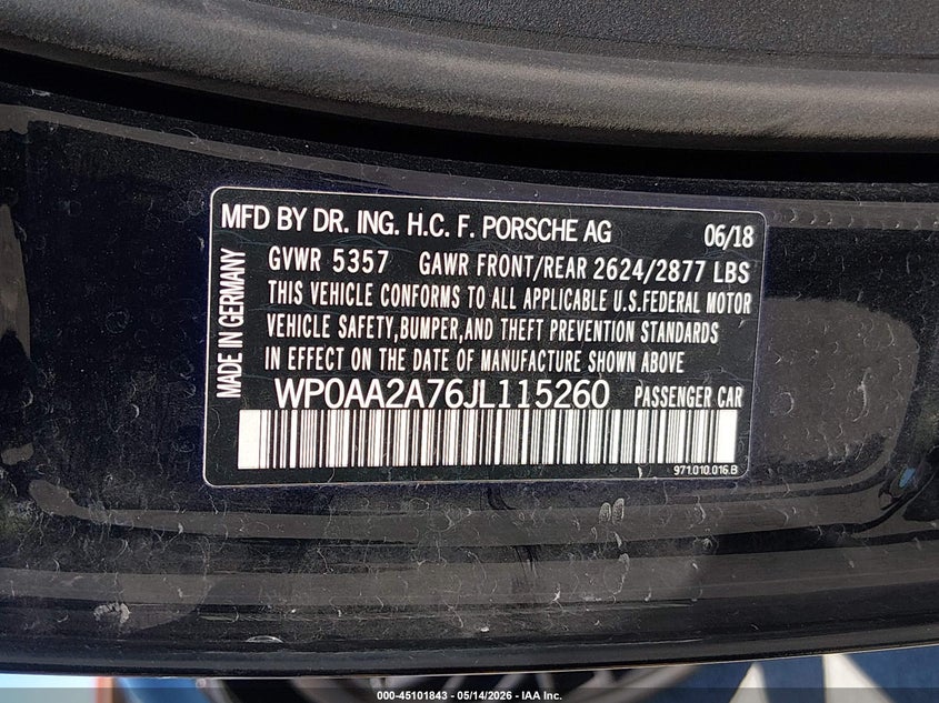 2018 Porsche Panamera VIN WP0AA2A76JL115260 IAAI salvage auction — HAIL, Clear (Missouri), sold $19,900 on 2026-07-21 (photo 9)